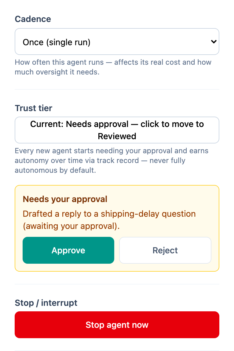 An agent's control panel: cadence, a trust tier reading "Needs approval", an item waiting for approval with Approve and Reject, and a Stop agent now button