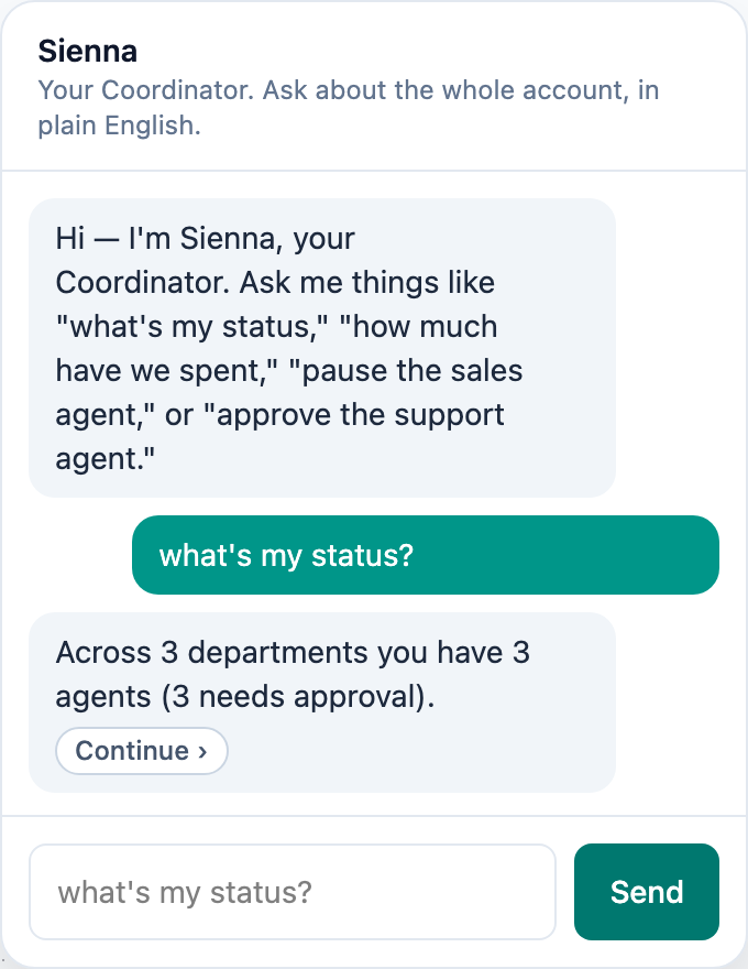 Your Coordinator answering "what's my status?" in the app with a demo account summary: three departments, three agents, three needing approval